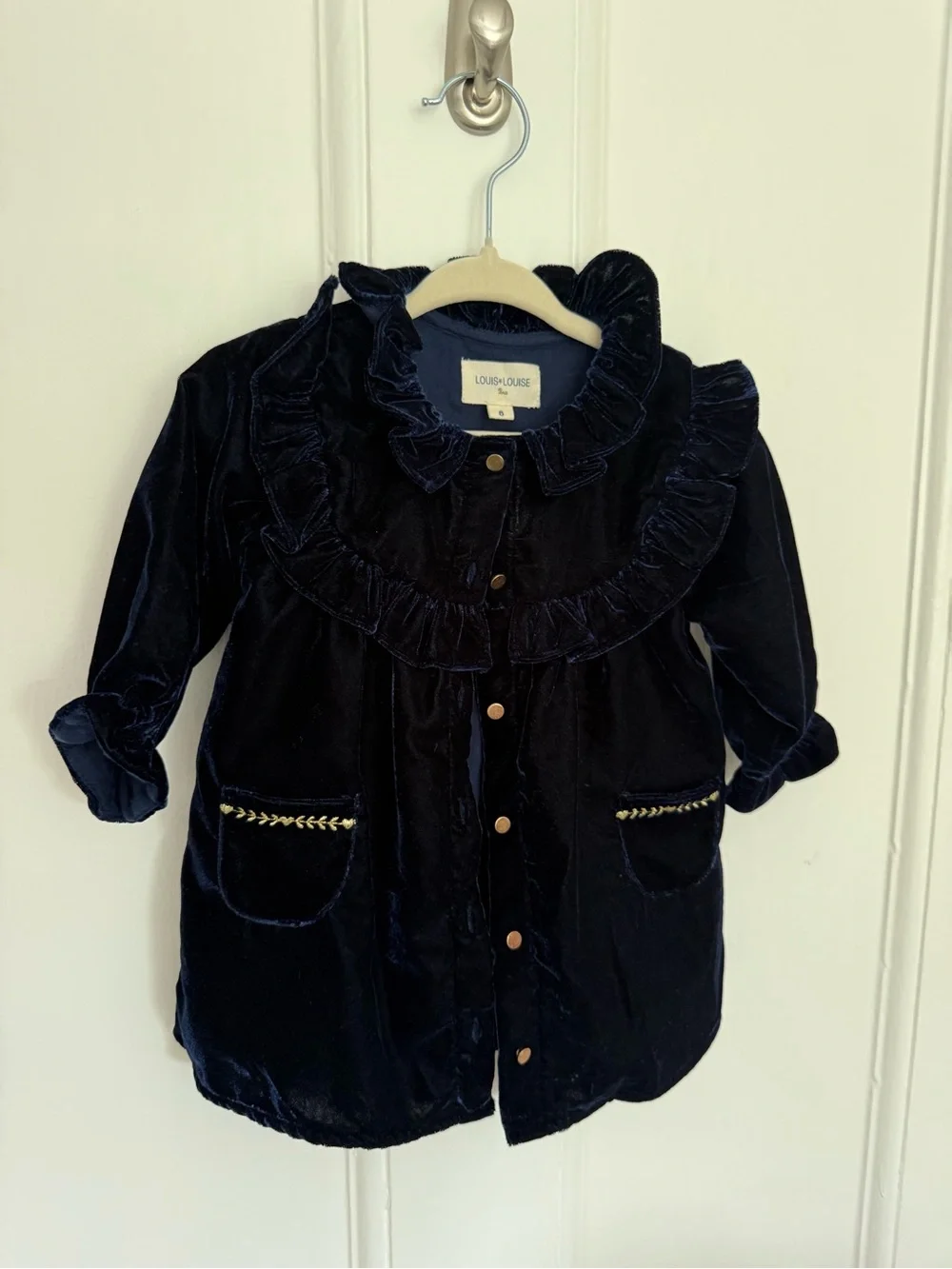 Louise Louise Girls' Navy Velvet Ruffle Button-Down Shirt